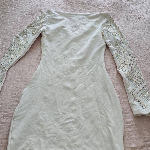 bebe White Long Sleeve Dress with Gold and Silver Embellishments - Picture 3 of 8